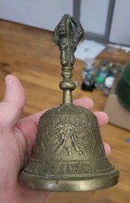 Antique Vintage TIBET BUDDHIST BRASS MEDITATION BELL WITH DEITY ON HANDLE. picture