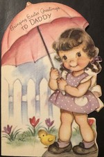 Vtg Easter Greeting Card Sweet Girl Umbrella Baby Chick To Daddy M. Cooper R/C picture