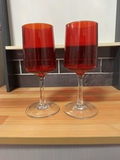 Red and Clear Stemmed Wine Glasses, Glass, Round Set of 2, 6 Inch, Cold Beverage picture