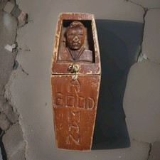 Vintage Carved Wood Coffin,   “A GOOD MAN” Novelty With A Spring Penis, RARE picture