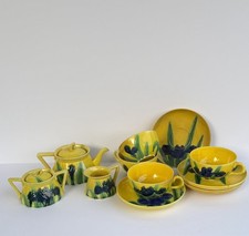 Antique Awaji Pottery Incised Iris 11 Piece Tea Set Japan Circa 1910 picture