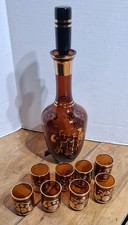 Vintage 70's  Glass decanter with Gold Floral Design 8 Shot Glasses picture