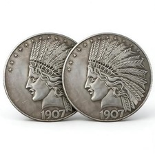 Indian Head Commemorative Coin Replica 2PCS Set – Antique Silver Plated Brass picture