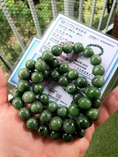 Hetian Xin jiang Spinach Green Jade Nephrite Beads Bracelet 12mm Certificate picture