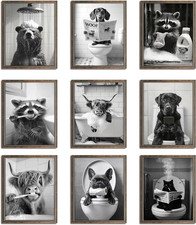 Funny Bathroom Wall Art Set of 9 - Black and White Humorous Animal Wall Decor... picture