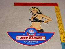 VINTAGE JEEP FULL SERVICE GARAGE WOMAN METAL ENAMEL CAR GASOLINE OIL WILLYS SIGN picture