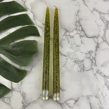 Vintage 60s Lucite Candlesticks Olive Green Gold Metallic Fleck Taper Candle picture