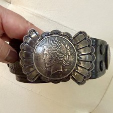Stunning Buffalo Dancer Taos Silver Dollar Half Dollar & Dime Concho Belt picture