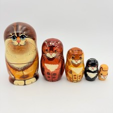Vintage Hand Painted Cat Russian Nesting Dolls Matryoshka Set Of 5 Artist Signed picture