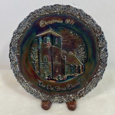 FENTON 1971 “THE OLD BRICK CHURCH” Christmas, Cobalt Amethyst Carnival Plate picture