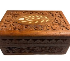 Inlaid Wood Carved Vintage Ornate Wooden Hinged Lid Trinket Jewelry Box picture