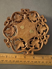 ORANTE CARVED WOOD FOOTED BRASS SCROLL LEAF INLAY TRIVET HOT PAD HOLDER INDIA picture