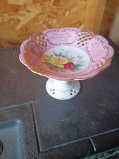 Vintage China Compote Pedestal Dish Handpainted Floral Motif Lattice Dish, Japan picture