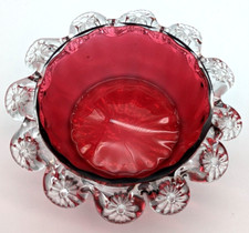 Hand Blown Cranberry Glass Bowl With Applied Clear Floral Ribbon Trim picture