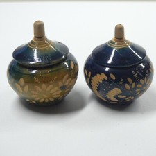 2 Turned Wood Spice Trinket Jars w/Lids Blue Floral Design Handmade Pair picture