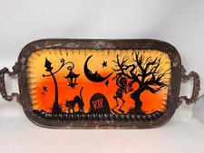 Handpainted HALLOWEEN Silverplate Antique Tray  Skeleton Graveyard Black Cat picture