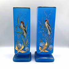 Antique Victorian Blue Opaline Glass Vase Pair Bird Floral Enamel Gilt 11” picture