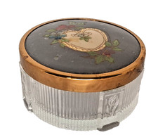 Vintage Art Deco Ribbed Glass Powder Jar Vanity Trinket Box Floral Metal Lid 3.5 picture