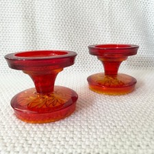 LE Smith Glass Sand Scroll Amberina Flame Convertible Candlesticks MCM 4 Pieces picture
