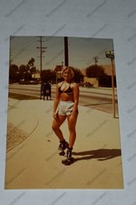 outdoor candid pretty blonde woman roller skates 1980's VINTAGE PHOTOGRAPH  Rn picture