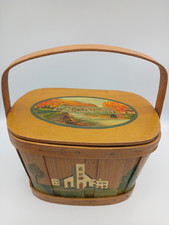 Vtg Basketville 1978 Hand Painted Wood Basket Purse w/Lid Handle Putney Vermont picture