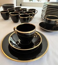 Vintage Fraunfelter China Ohio 1233 Demitasse Cup Saucer Black Gold, 2 sets of 6 picture