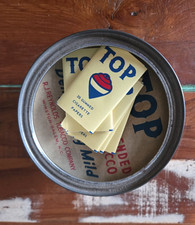 Vtg 1970s TOP Cigarette Tobacco 7oz Canister Tin – Complete w/ 6 Packs of Papers picture