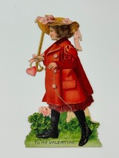 Antique Die Cut Valentine Card Girl with Key to My Heart Stand Up Early 1900s picture
