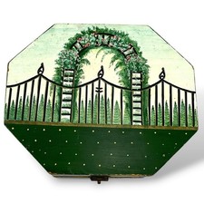 Vintage Hand Painted Garden Gate Wooden Octagonal Keepsake Trinket BOX Hinged picture