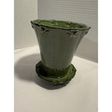 Ceramic Green Planter Round w/ decorative footed plate, French Country, Shabby picture