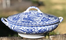 Vintage 2Pc set PHOENIX BIRD HOWO Tureen Blue White Flying Turkey Noritake Japan picture