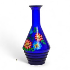 Vintage Portofino Italy Cobalt Blue Glass Bottle Hand Painted Floral Vase Decor picture