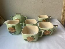 Weil Ware Yellow Rose California Pottery 4 Teacups with Sugar & Creamer Set VTG picture