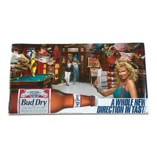 Vtg 1989 Bud Dry Beer Poster Upside Down Bar Scene Slogan Man Cave 1990s 36”x18” picture