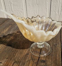 Vintage Lavorazione Arte Murano Bowl Shell Hand Blown Pedestal Cream Iridescent picture