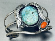 MAJESTIC VINTAGE NAVAJO TURQUOISE CORAL STERLING SILVER BRACELET picture