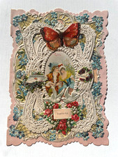 Gorgeous  1910's Layered Paper Lace Valentine's Day Card w/ Butterfly Scraps picture