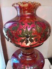 Vintage Opalescent Glass Ornate Lamp Cranberry Hurricane picture