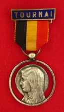 Vintage MARY Medal Ribbon Pin Religious Catholic Large Pendant TOURNAI BELGIUM picture