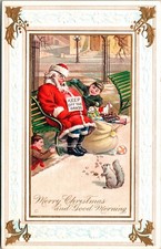 Vintage Santa Claus Asleep on Park Bench Christmas Day & Children Postcard RARE picture