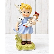 Vintage Style Girl Figurine Bisque Porcelain Holding Rag Doll Blue Dress 5