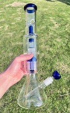 16'' Heavy Glass Bong Percolator Water Pipe Smoking Hookah 14mm Bowl Blue picture