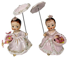 Vtg 1950s Ucagco Japan Pair Girl Figurines Pink Parasol Umbrella Flower Basket picture