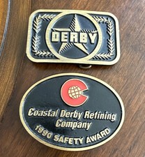 Lot of 2 Vtg DERBY REFINING Brass Belt Buckles, 1990 COASTAL Safety Award Kansas picture