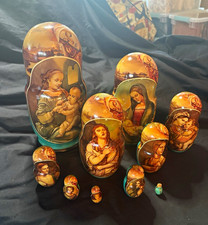 Hand-Painted Russian Matryoshka Nesting Dolls Signed Religious Icons Green picture