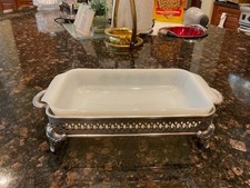 VTGSilverplate Pierced Footed Vtg Casserole Holder Stand w/Anchor Hocking Insert picture