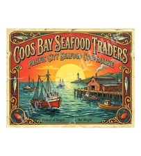 Coos Bay Oregon Seafood Traders 1950s Style Label, Retro Advertising 10.5