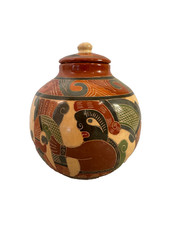 Vintage Hand Painted Nicaraguan Folk Art Pottery Covered Jar Signed Bob 1996 picture