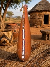 Vintage Maasai Kenya Milk Gourd Container Beaded Handmade Folkart 21” picture