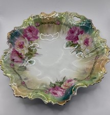 Vintage Japanese Opalescent Porcelain Rose Bowl Gold Trim Pierced Handles 8